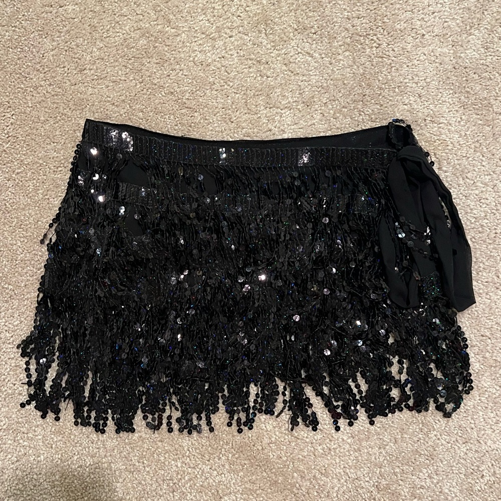 Black Sequin Fringe Mini Skirt